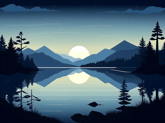 Vector illustration of a forest landscape with a lake and mountains at night