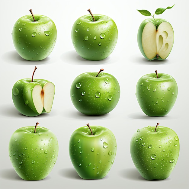 Vector Illustration Fresh Green Apple Set with Whole Sliced Leaf Drops