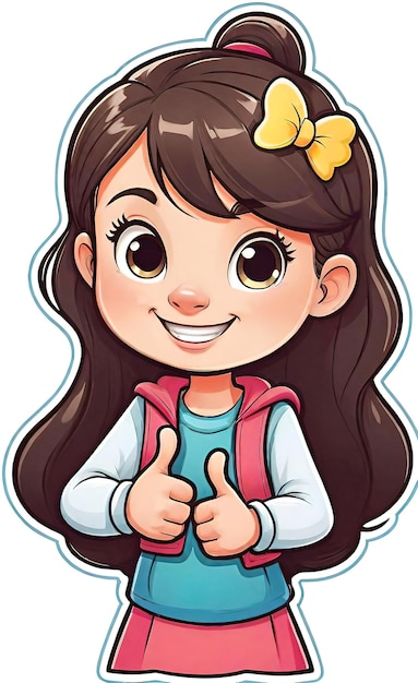 vector illustration funny cheerful flat logo of a girl holding a thumbs up like isolated