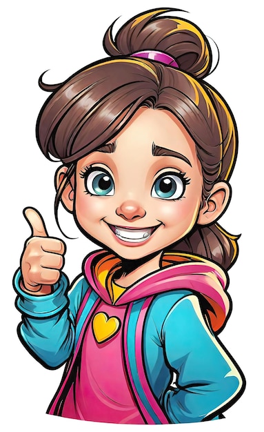 vector illustration funny cheerful flat logo of a girl holding a thumbs up like isolated