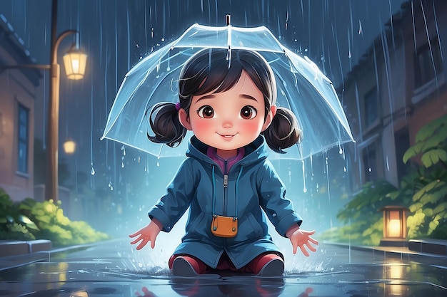 Photo vector illustration of girl playing under rain
