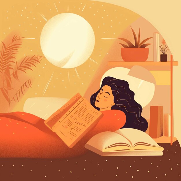 Photo vector illustration of a girl reading a book in bed at night