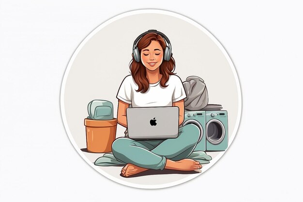 Photo vector illustration of a girl with headphones and a laptop in her hands