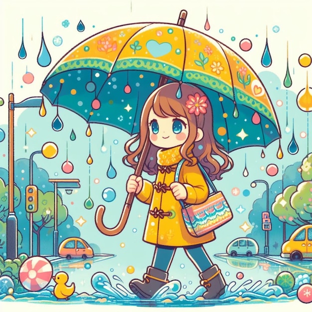 Photo vector illustration of a girl with an umbrella under the rain