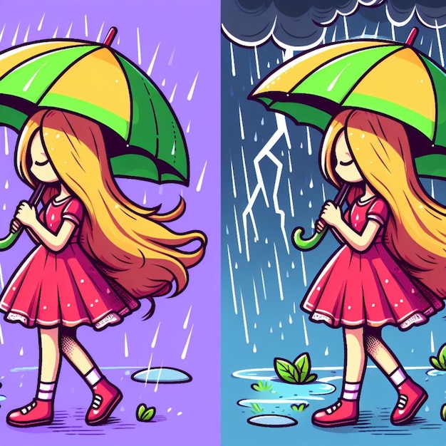 Photo vector illustration of a girl with an umbrella under the rain