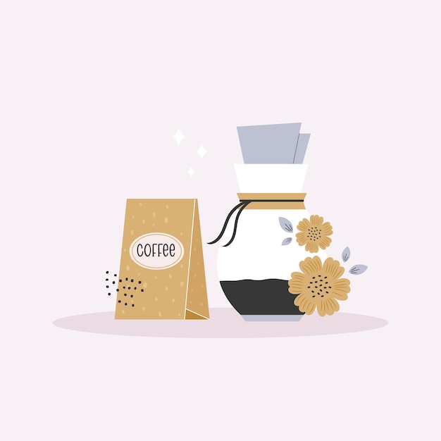 vector illustration of glass jar with filter coffee and coffee package