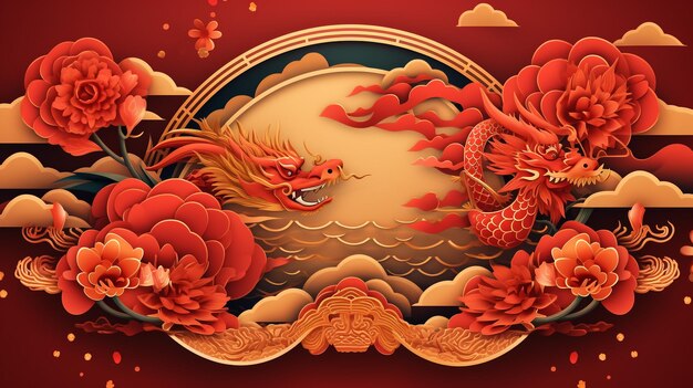 Vector illustration of a golden chinese dragon tattoo of asian dragon on red background in asian st