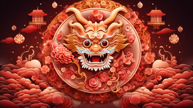 Photo vector illustration of a golden chinese dragon tattoo of asian dragon on red background in asian st