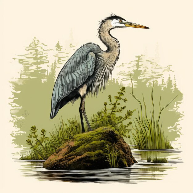 Vector Illustration Of Great Blue Heron Standing Near A Pond