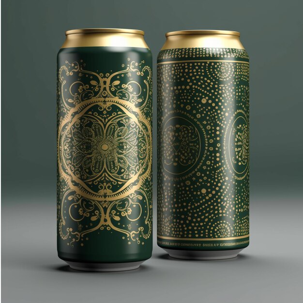 Векторная иллюстрация банки зеленого пива с золотым узором на крышке