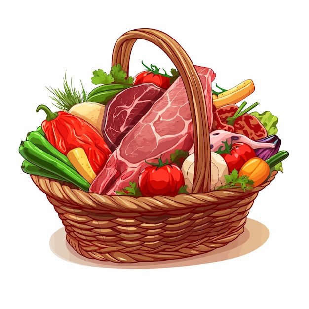 고기 제품 이 들어 있는 식료품 바구니 의  ⁇ 터 그림