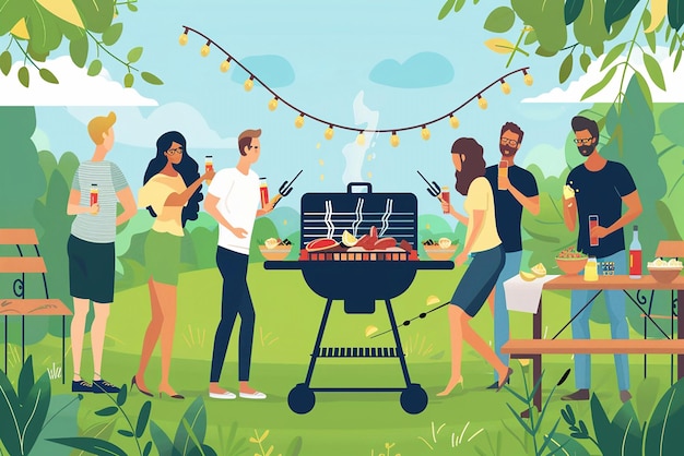 Photo vector illustration of group of friends having party outdoors focus on barbecue grill with food on the stove