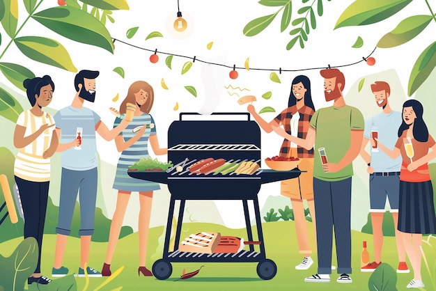 Photo vector illustration of group of friends having party outdoors focus on barbecue grill with food on the stove