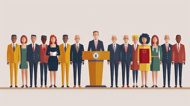 Векторная иллюстрация группы политических людей, стоящих в ряду
