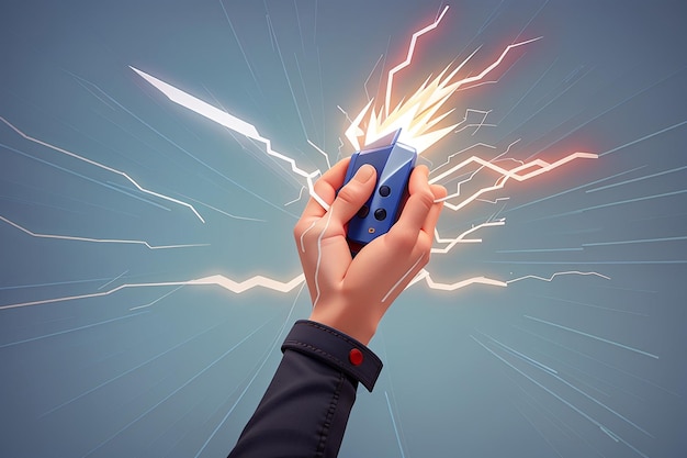사진 ⁇ 터 일러스트레이션 강력 한 전기 번개 를 들고 있는 손