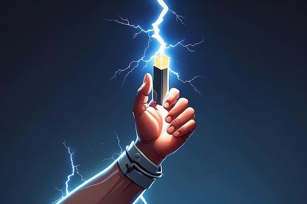 Vector Illustration Hand Holding Powerful Electric Lightning