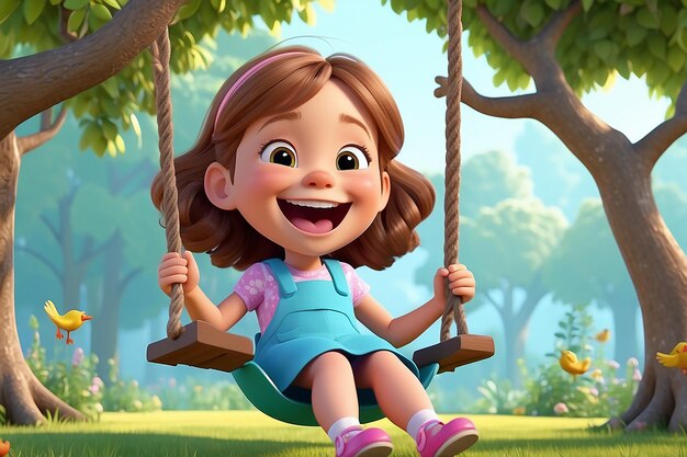 Vector illustration of happy child girl laughing and swinging on a swing under the tree