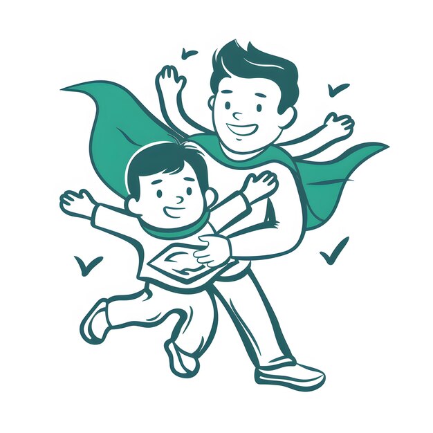 Photo vector illustration of happy father and son in superhero costume flying in the sky