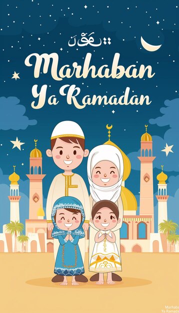 Photo vector illustration of happy muslim family in front of mosque with ramadan kareem