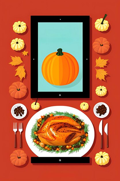 Vector illustration Happy thanksgiving day with turkey bird pumpkin leaves and harvest AI Generated