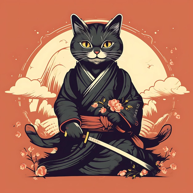 vector illustration japanese cat holding a samuri