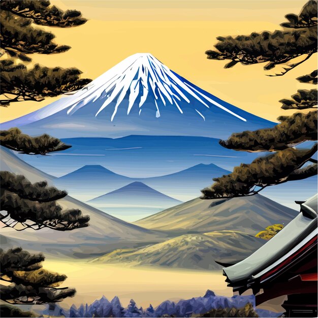 Photo vector illustration of japanese mount fuji with variety of trees ideal for travel sports or spiritual design asian