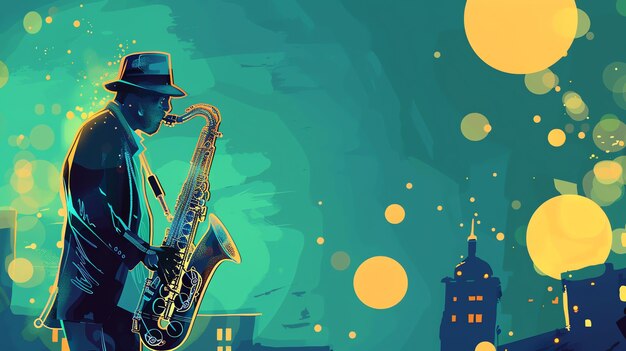 Photo vector illustration of a jazz musician playing the saxophone the musician is wearing a hat and is playing a saxophone