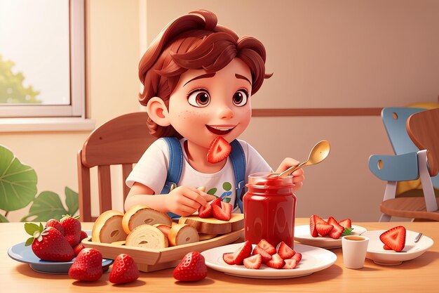 Vector illustration of kid eating bread and strawberry jam