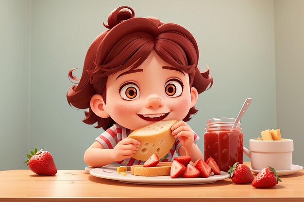 Vector illustration of kid eating bread and strawberry jam