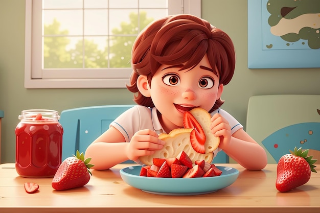 Vector illustration of kid eating bread and strawberry jam