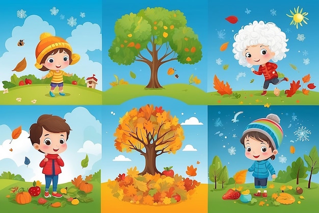 Photo vector illustration of kid and four seasons