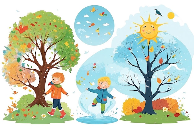 Photo vector illustration of kid and four seasons