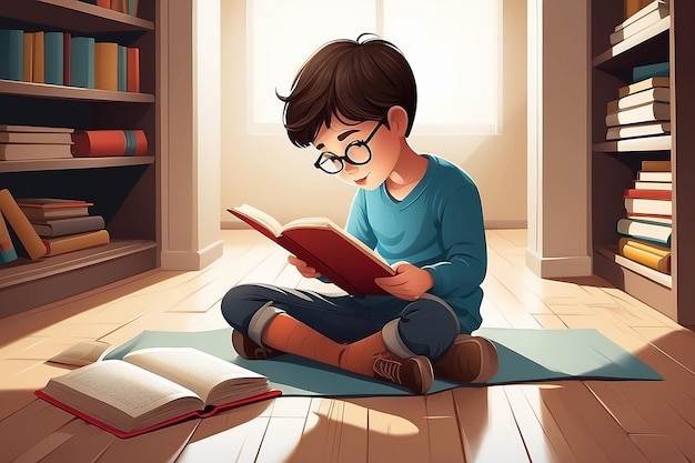 Vector illustration of kid reading open book sitting on floor Vector by stockshoppe