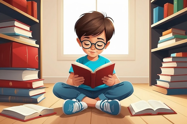 Photo vector illustration of kid reading open book sitting on floor vector by stockshoppe