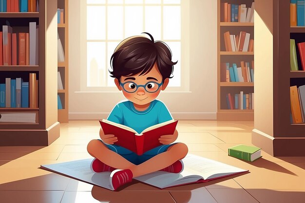 Vector illustration of kid reading open book sitting on floor Vector by stockshoppe