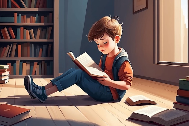 Photo vector illustration of kid reading open book sitting on floor vector by stockshoppe