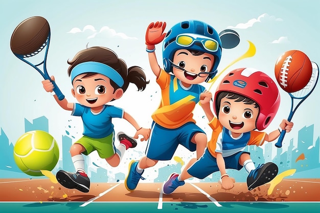 Vector illustration of kids making sport