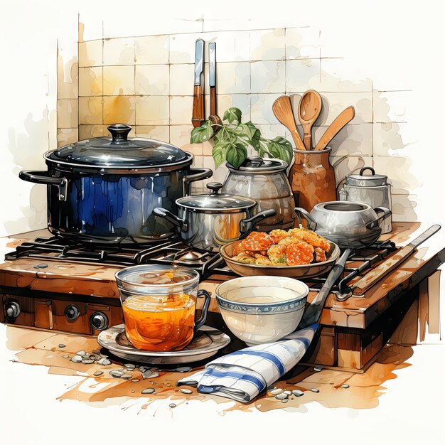 Photo vector illustration of a kitchen and kitchen items