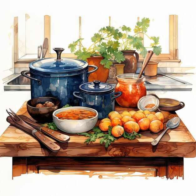 Foto illustrazione vettoriale di una cucina e di oggetti di cucina
