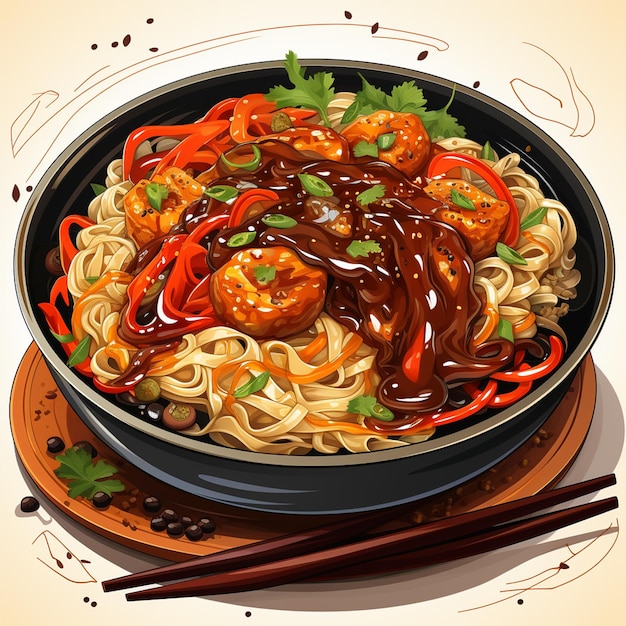 Photo vector illustration of korean jajangmyeon noodles with additional side dishes of banchan danmuji and