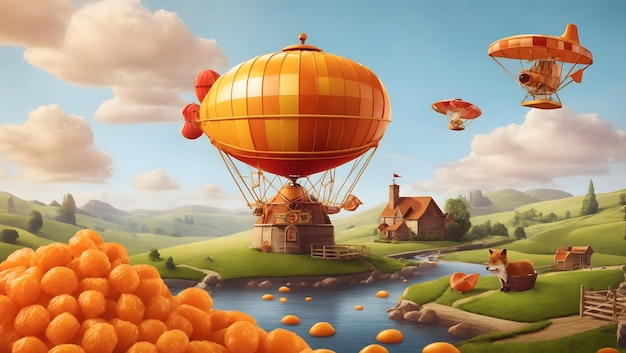 Vector illustration of a landscape with marmalade candy mill and fox in blimp