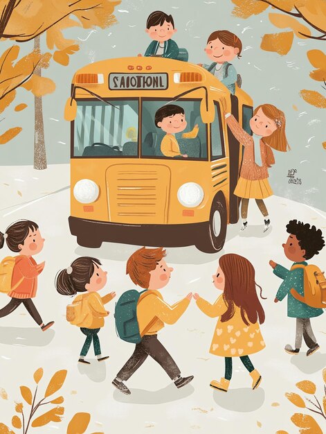 Photo vector illustration of little boys and girls getting on the school bus and going to school