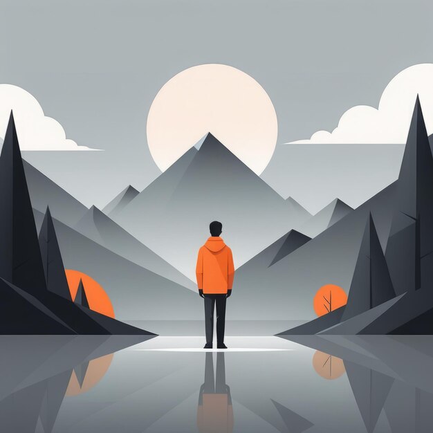 vector illustration man in black coat walking through the mountains vector illustration man i