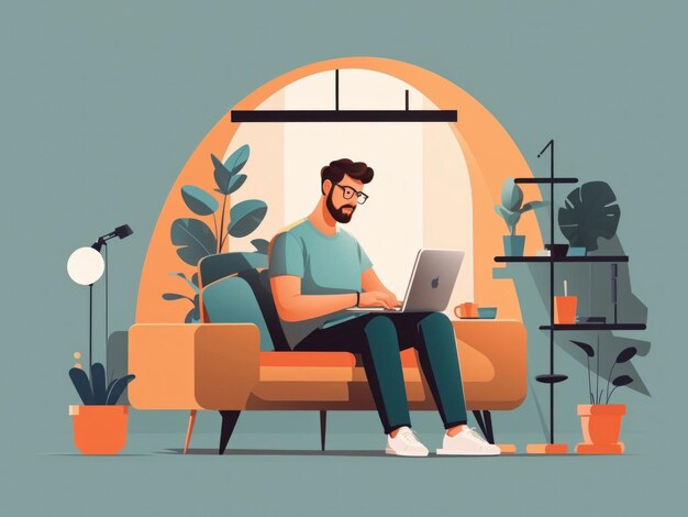 vector illustration of man using laptop in house