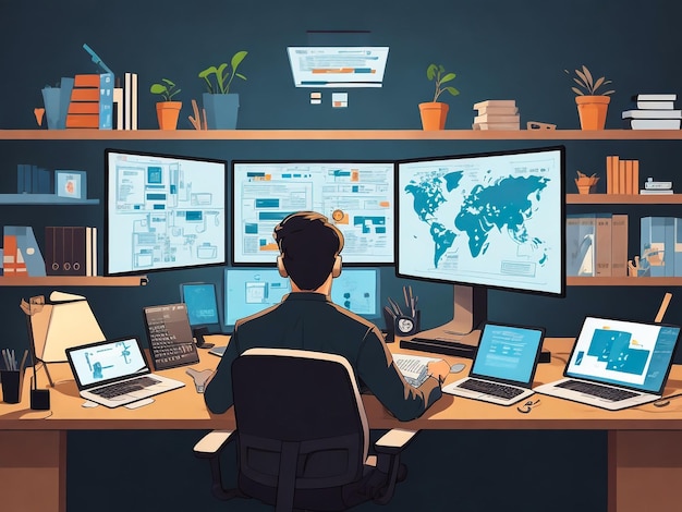 Vector illustration man working in his office modern design