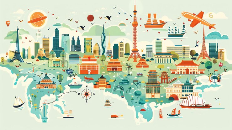 Photo 大都市やランドマークを示した世界地図のベクトルイラスト