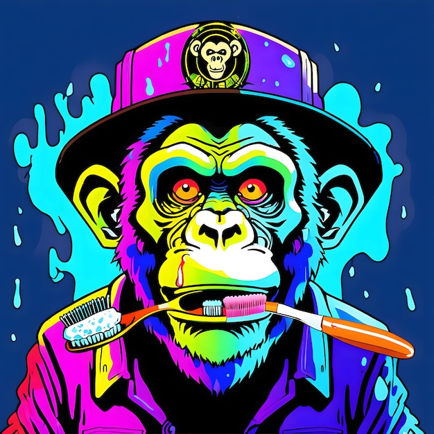 Photo vector illustration of a monkey in a hat with a toothbrush