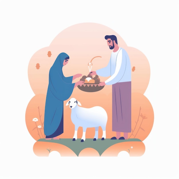 Vector illustration of Muslim family with lamb and goat