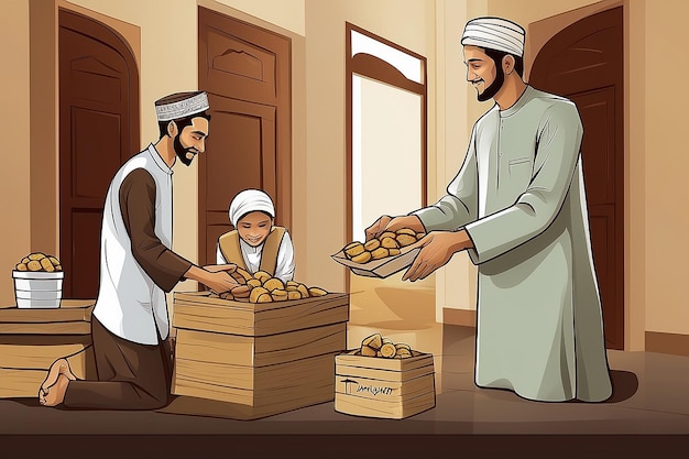 Photo vector illustration of muslim giving donation on ramadan day