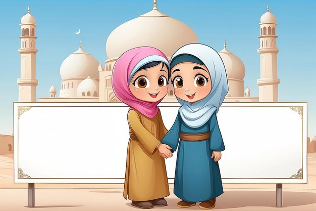 Photo vector illustration of muslim kid couple embrace for each other presenting with blank sign